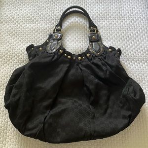 Gucci black monogram shoulder bag with rivet detail